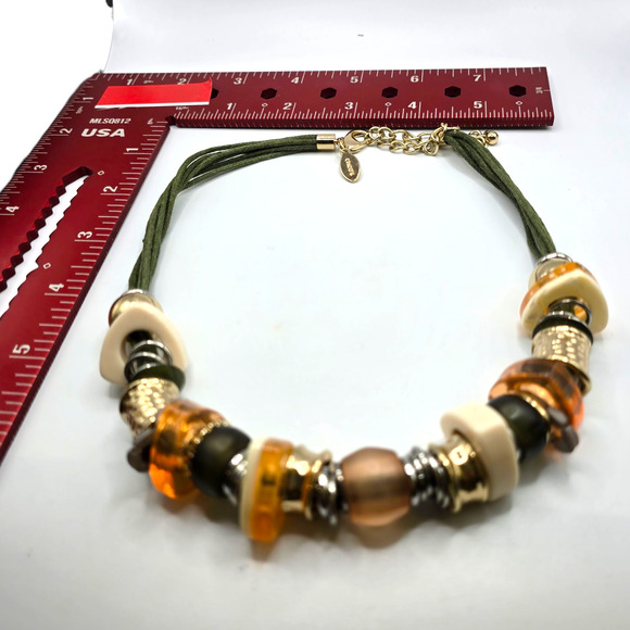 Chico's Necklace Chicos Green Cord 16" Multi Color Bead Gold Tone Chunky SKU2463 - Picture 4 of 6